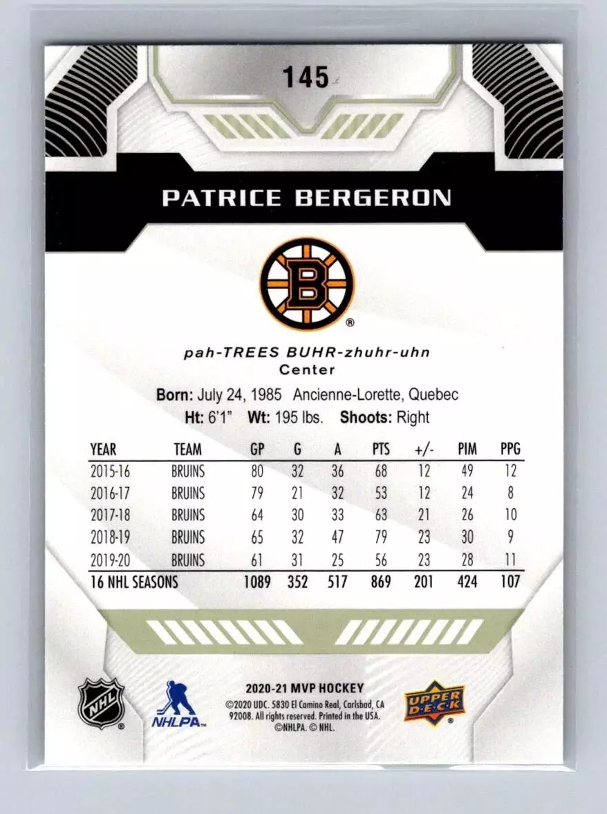 2020-21 Upper Deck MVP #145 Patrice Bergeron 1