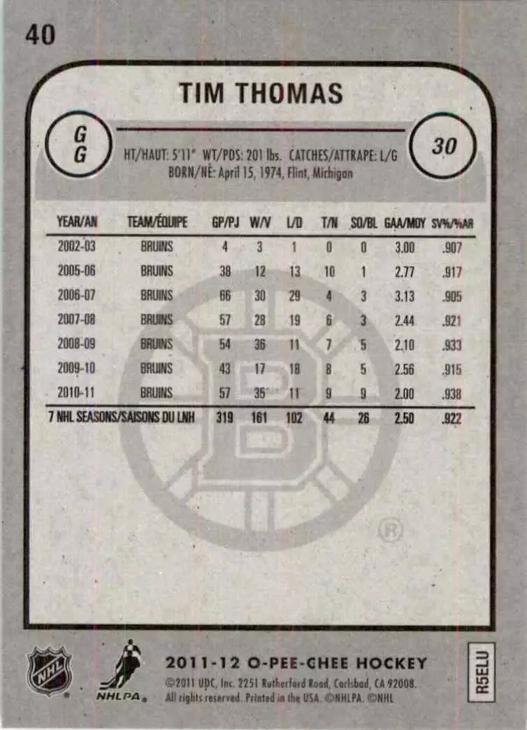 2011-12 O-Pee-Chee #40 Tim Thomas 1