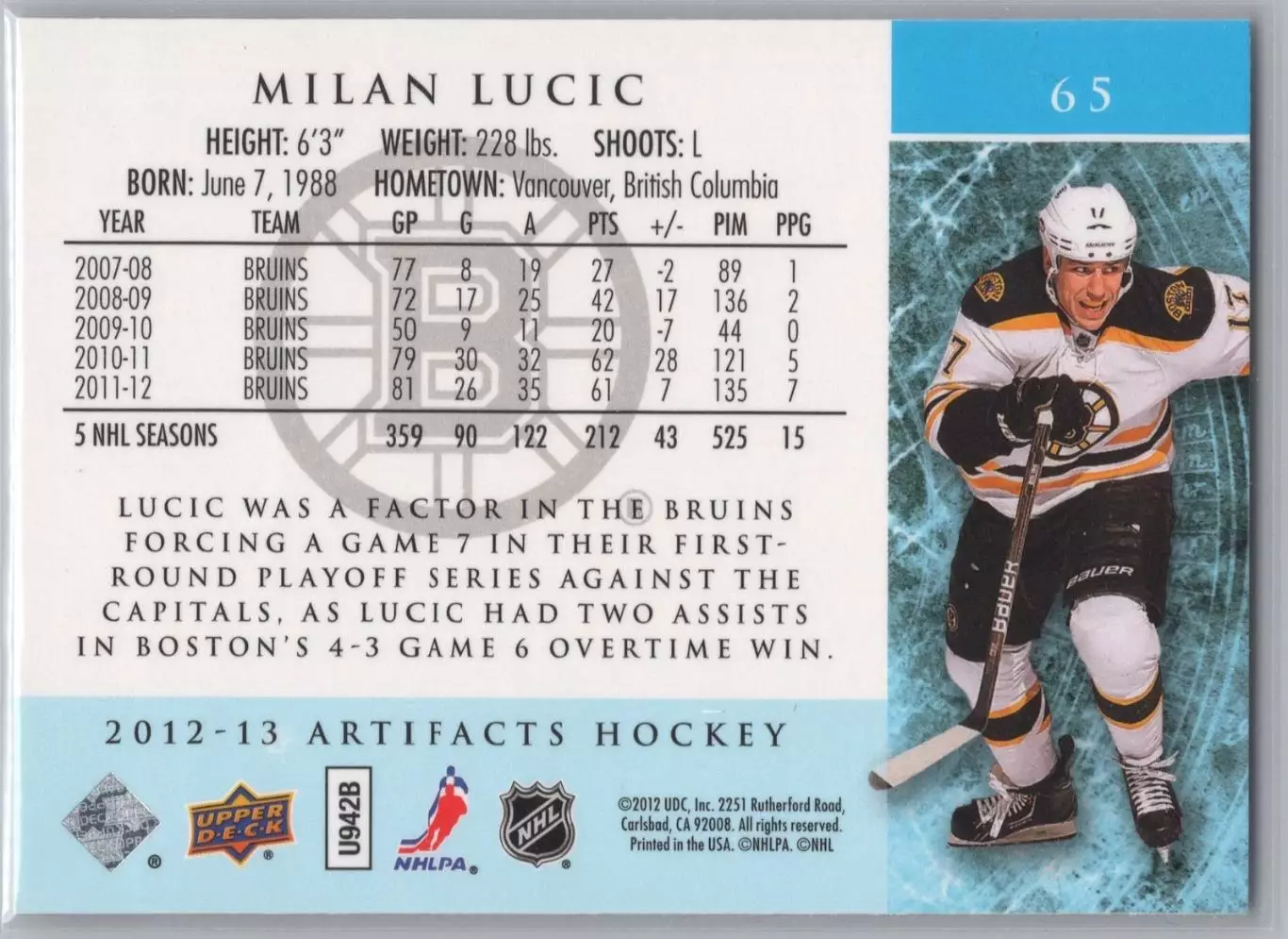 2012-13 Artifacts #65 Milan Lucic 1