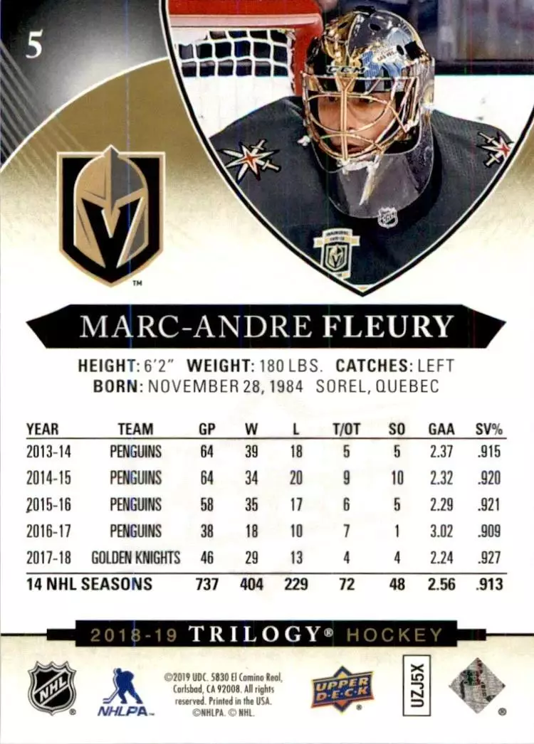 2018-19 Upper Deck Trilogy #5 Marc-Andre Fleury 1