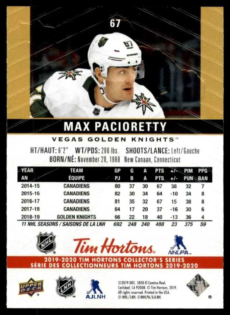 2019-20 Upper Deck Tim Hortons #67 Max Pacioretty 1