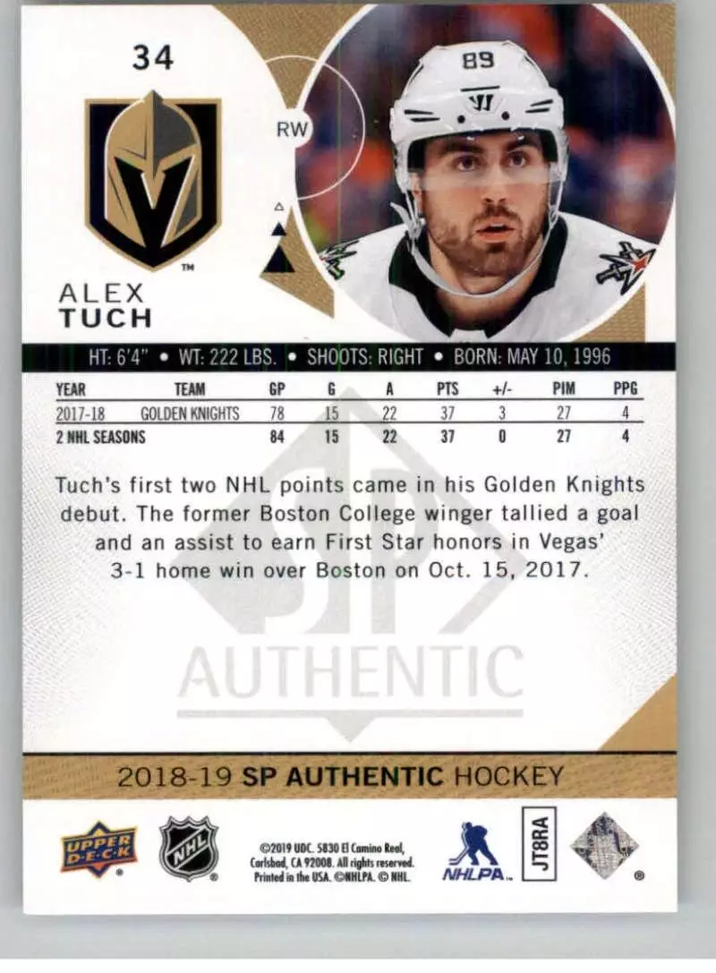 2018-19 SP Authentic #34 Alex Tuch 1