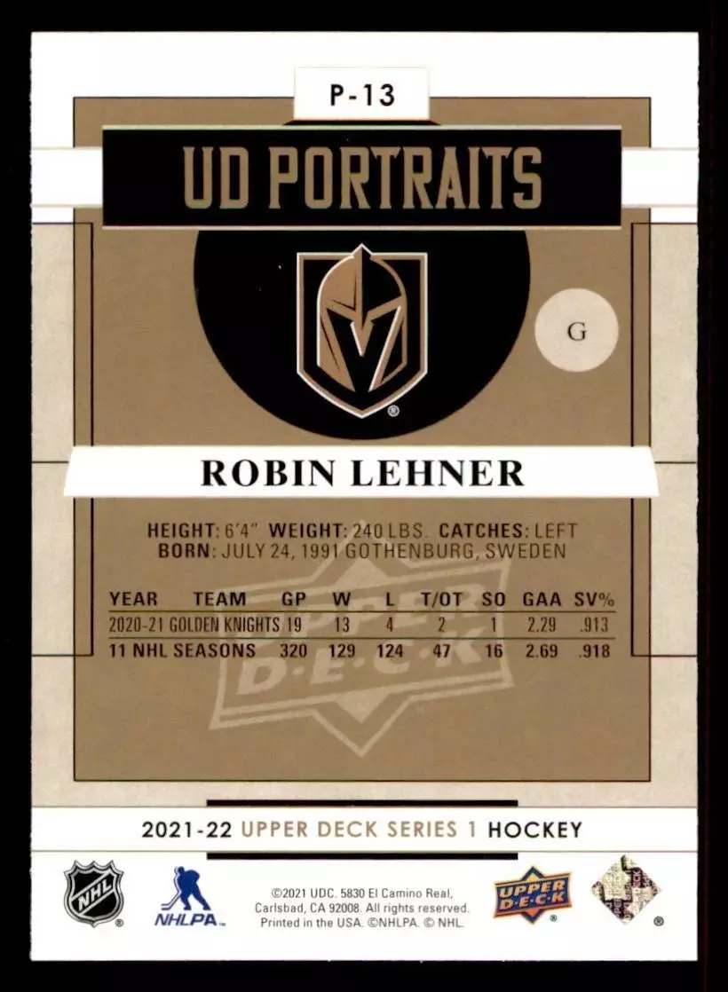 2021-22 Upper Deck Portraits #P13 Robin Lehner 1