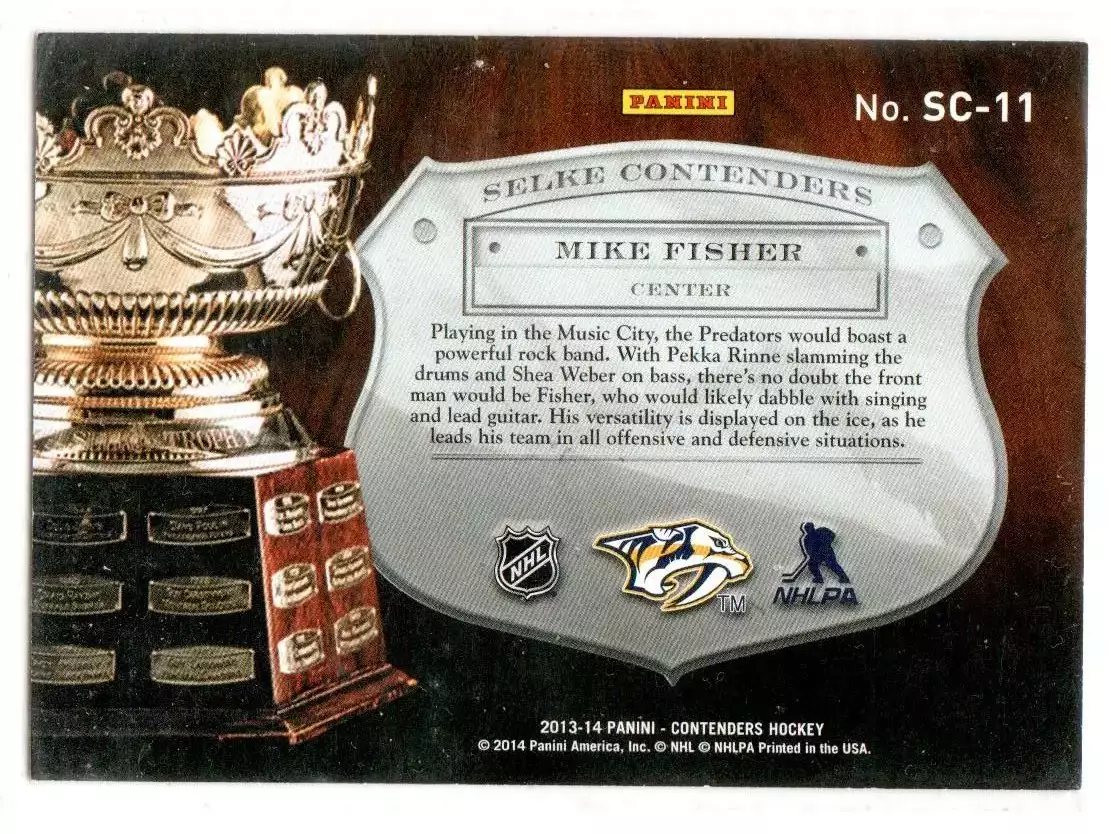 2013-14 Panini Contenders Selke Contenders #SC11 Mike Fisher 021\499 1