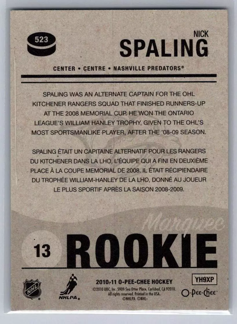 2010-11 O-Pee-Chee #523 Nick Spaling RC 1