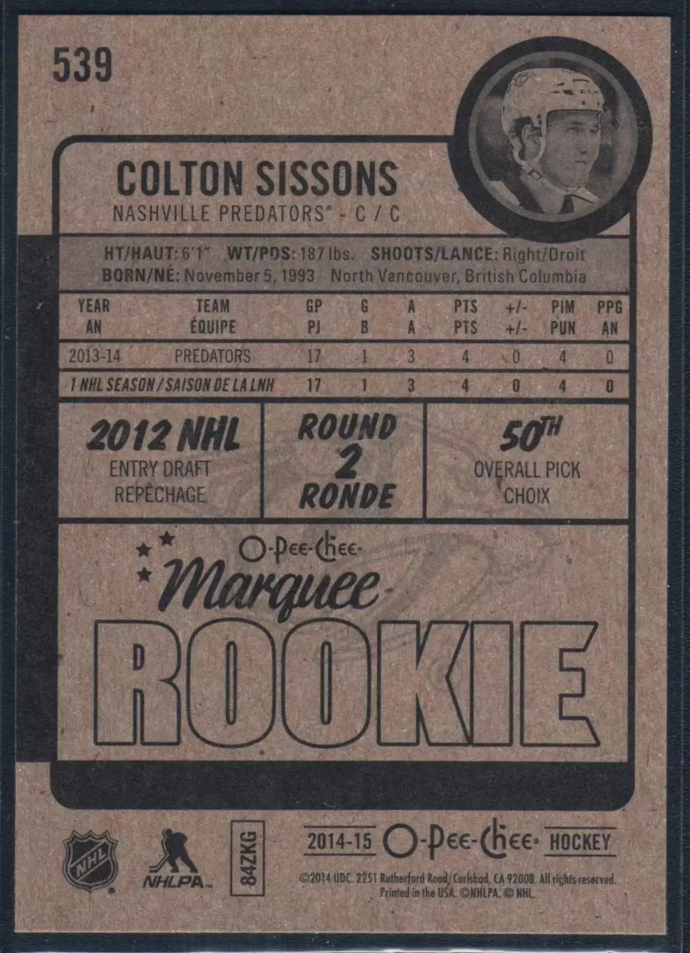 2014-15 O-Pee-Chee #539 Colton Sissons RC 1
