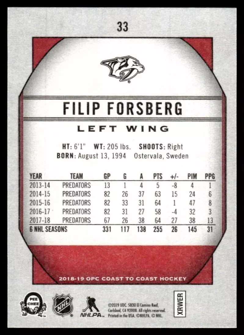 2018-19 O-Pee-Chee Coast to Coast #33 Filip Forsberg 1