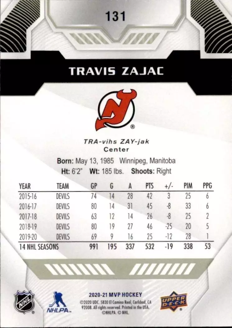 2020-21 Upper Deck MVP #131 Travis Zajac 1