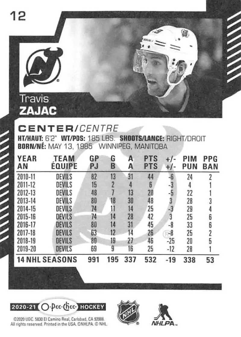 2020-21 O-Pee-Chee #12 Travis Zajac 1
