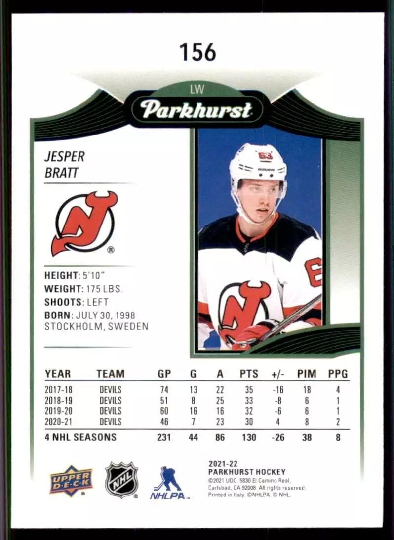 2021-22 Parkhurst Silver #156 Jesper Bratt 1