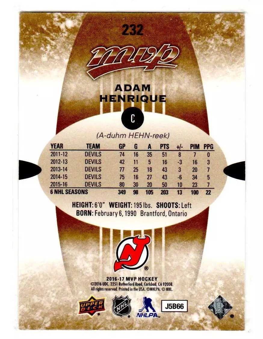 2016-17 Upper Deck MVP Gold Script #232 Adam Henrique 102\135 1