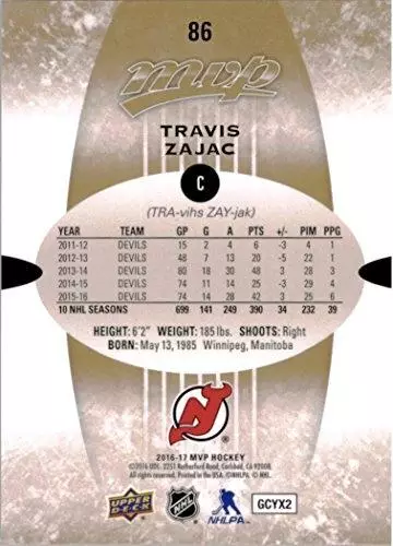 2016-17 Upper Deck MVP #86 Travis Zajac 1
