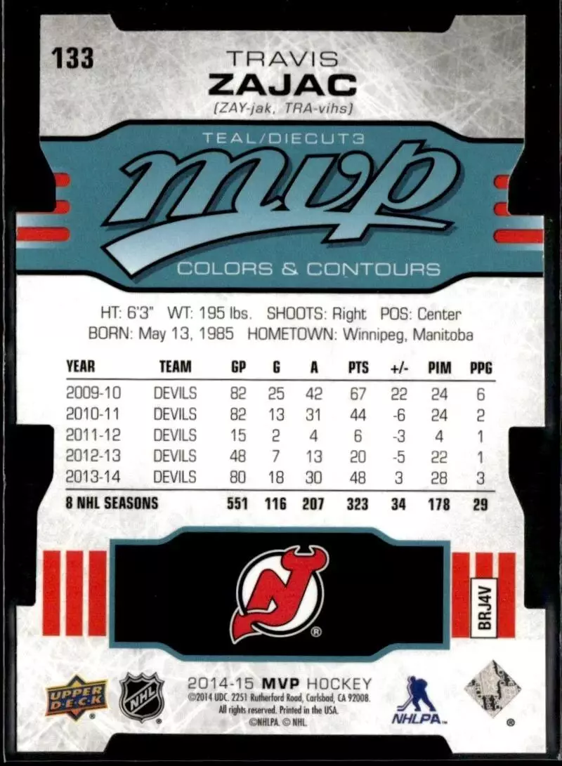 2014-15 Upper Deck MVP Colors and Contours #133 Travis Zajac T3 1