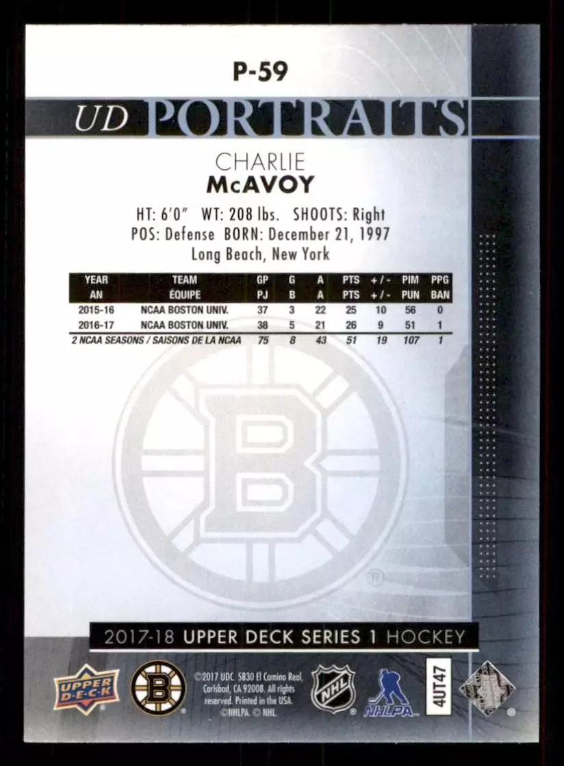 2017-18 Upper Deck UD Portraits #P59 Charlie McAvoy 1