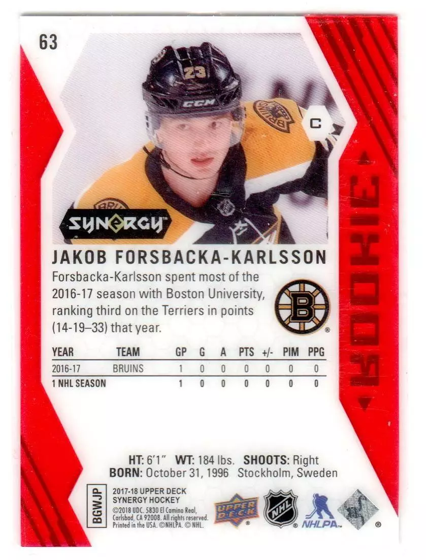 2017-18 Synergy Red #63 Jakob Forsbacka-Karlsson 1