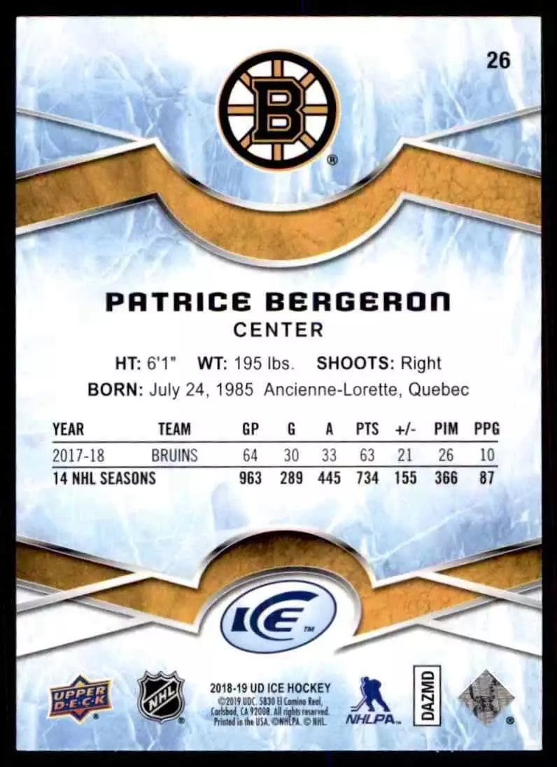 2018-19 Upper Deck Ice #26 Patrice Bergeron 1