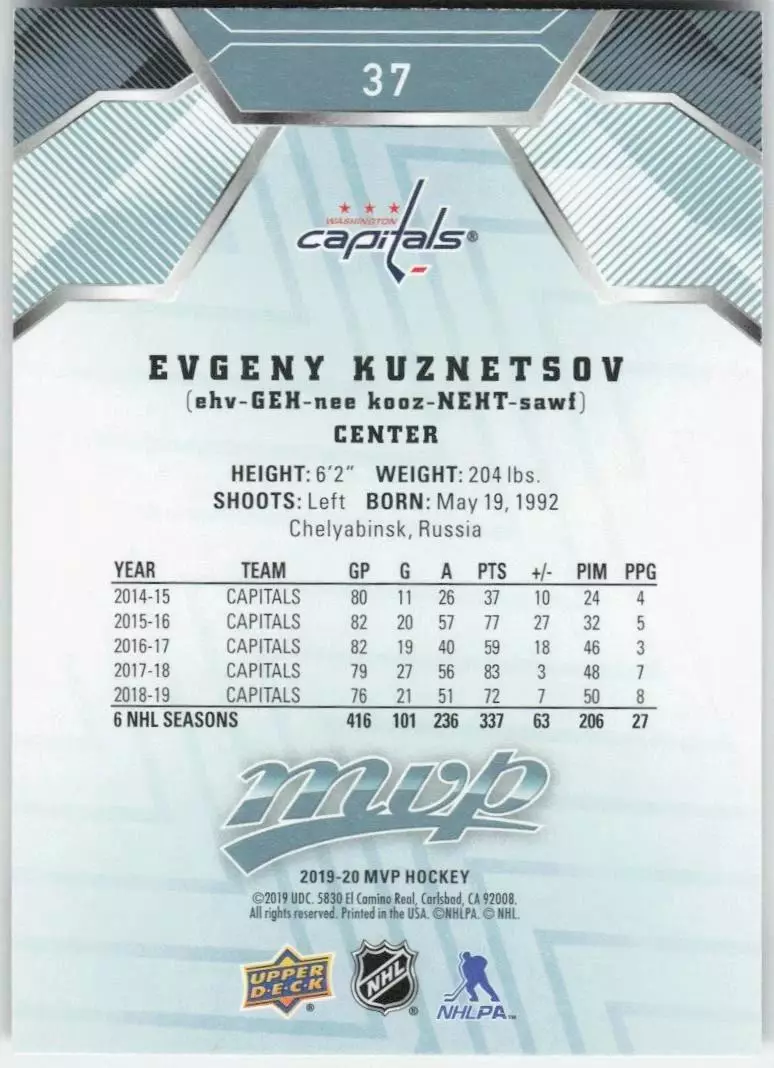 2019-20 Upper Deck MVP #37 Evgeny Kuznetsov 1