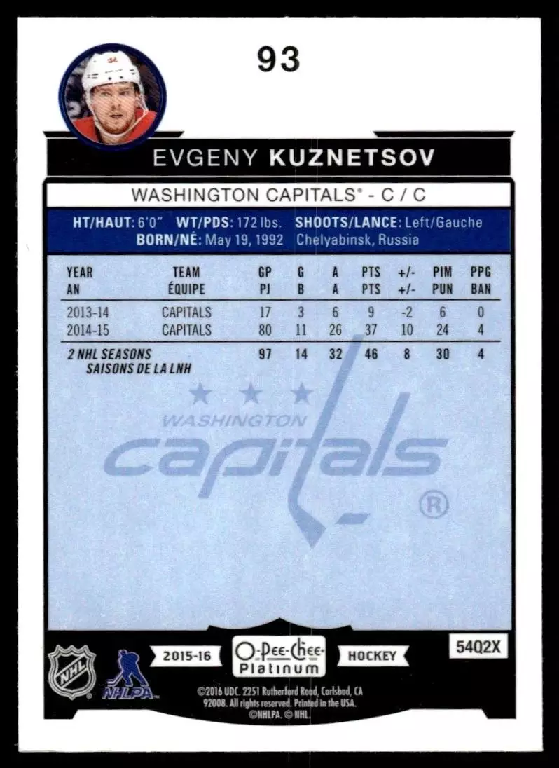 2015-16 O-Pee-Chee Platinum #93 Evgeny Kuznetsov 1