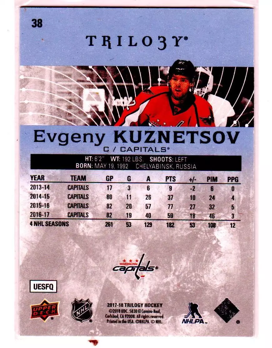 2017-18 Upper Deck Trilogy Blue #38 Evgeny Kuznetsov 035\999 1