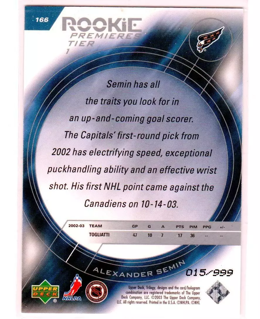 2003-04 Upper Deck Trilogy #166 Alexander Semin RC 015\999 1