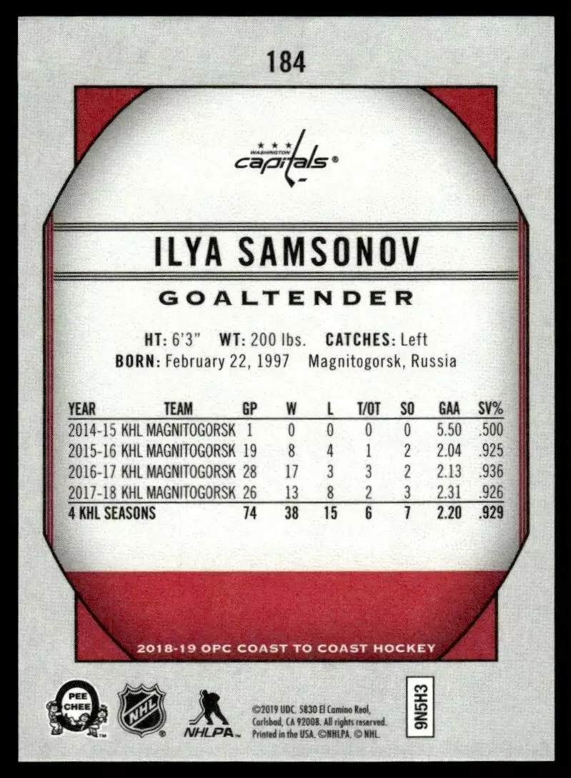 2018-19 O-Pee-Chee Coast to Coast #184 Ilya Samsonov RC 1