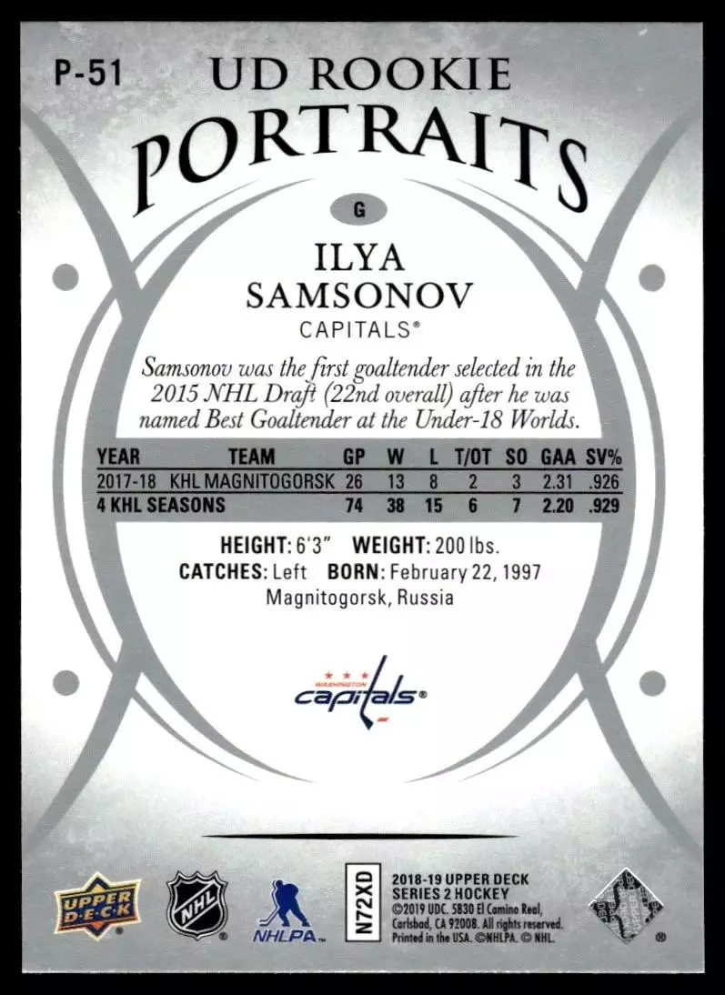 2018-19 Upper Deck UD Portraits #P51 Ilya Samsonov 1