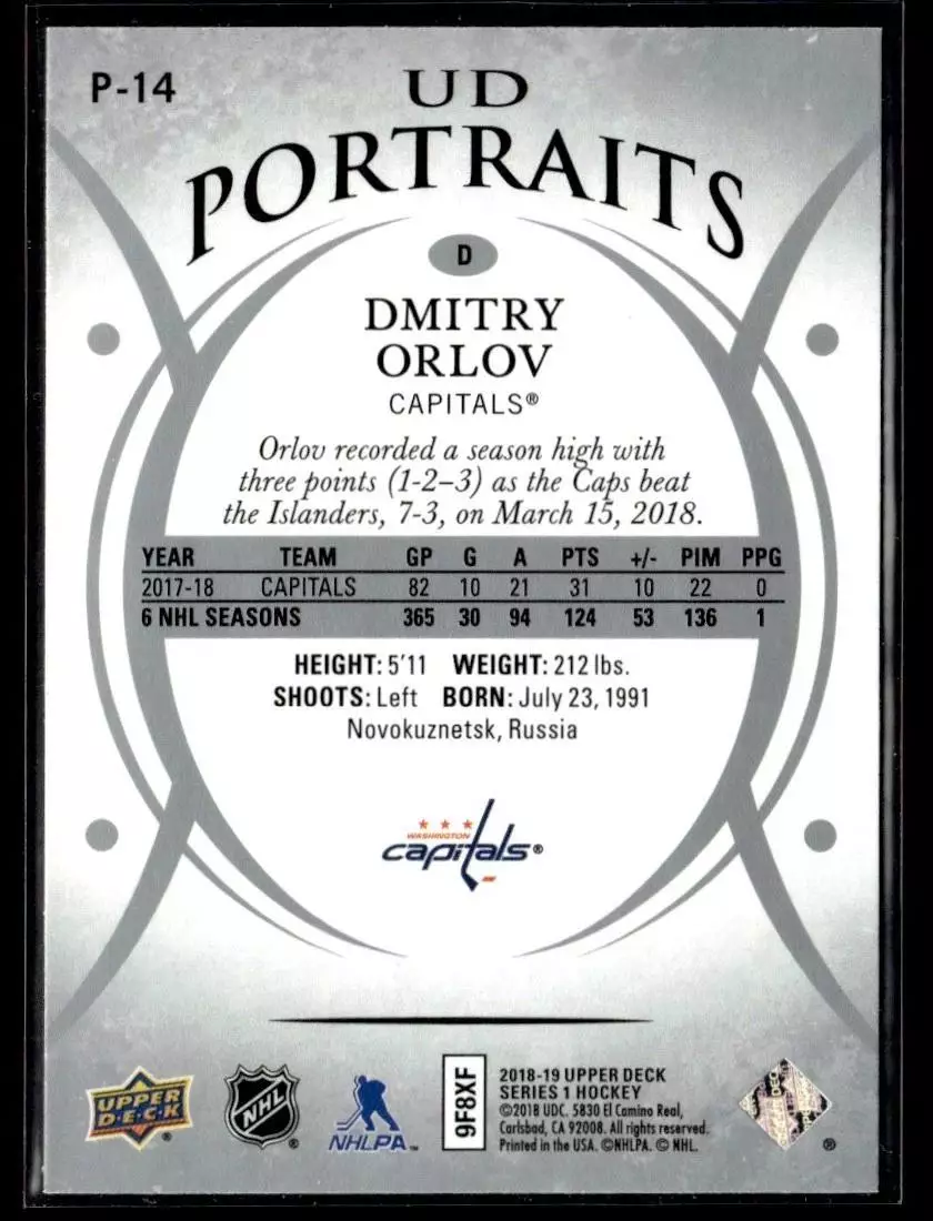 2018-19 Upper Deck UD Portraits #P14 Dmitry Orlov 1