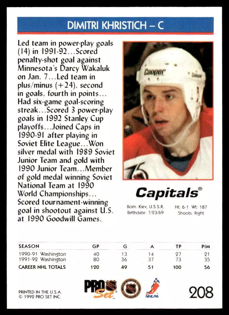 1992-93 Pro Set #208 Dimitri Khristich 1