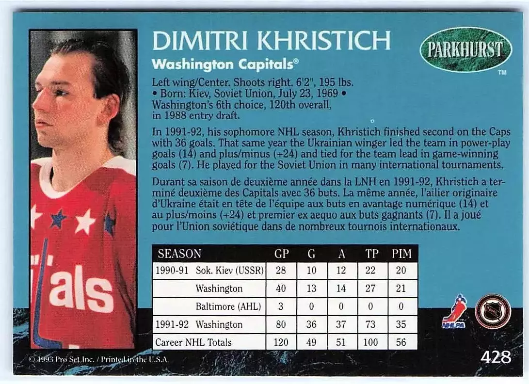 1992-93 Parkhurst #428 Dimitri Khristich 1