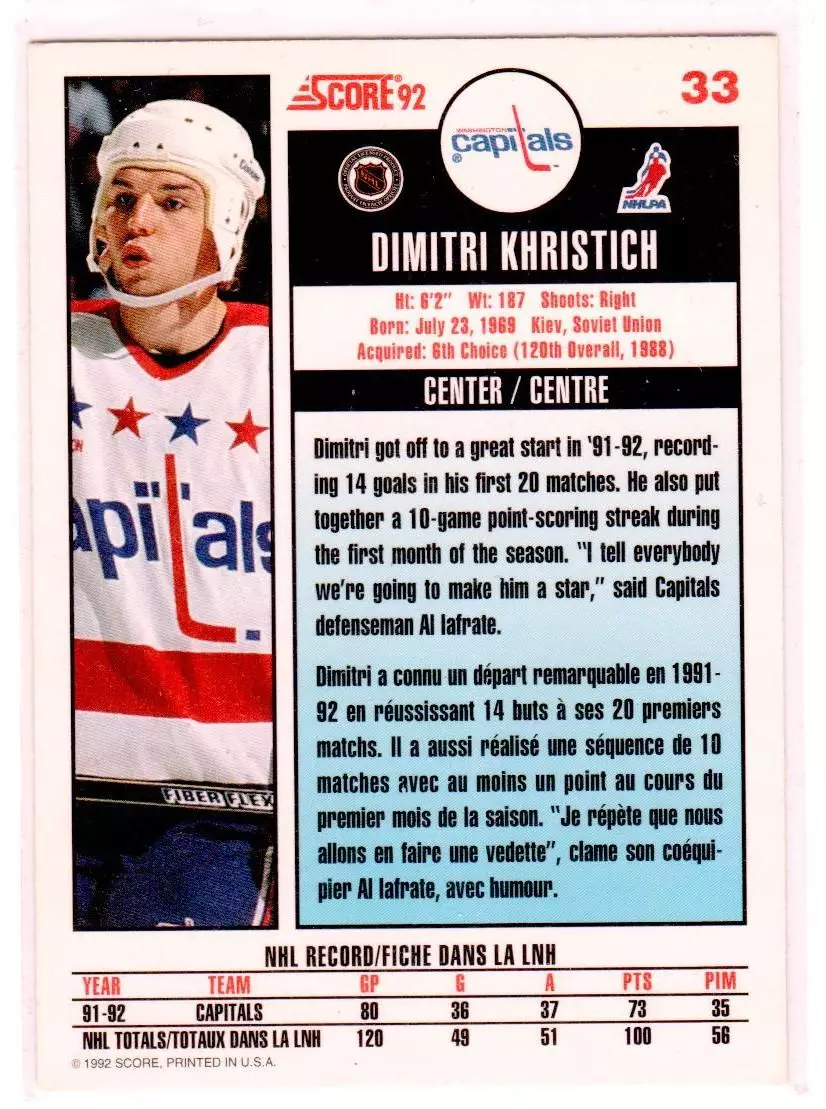 1992-93 Score Canadian #33 Dimitri Khristich 1