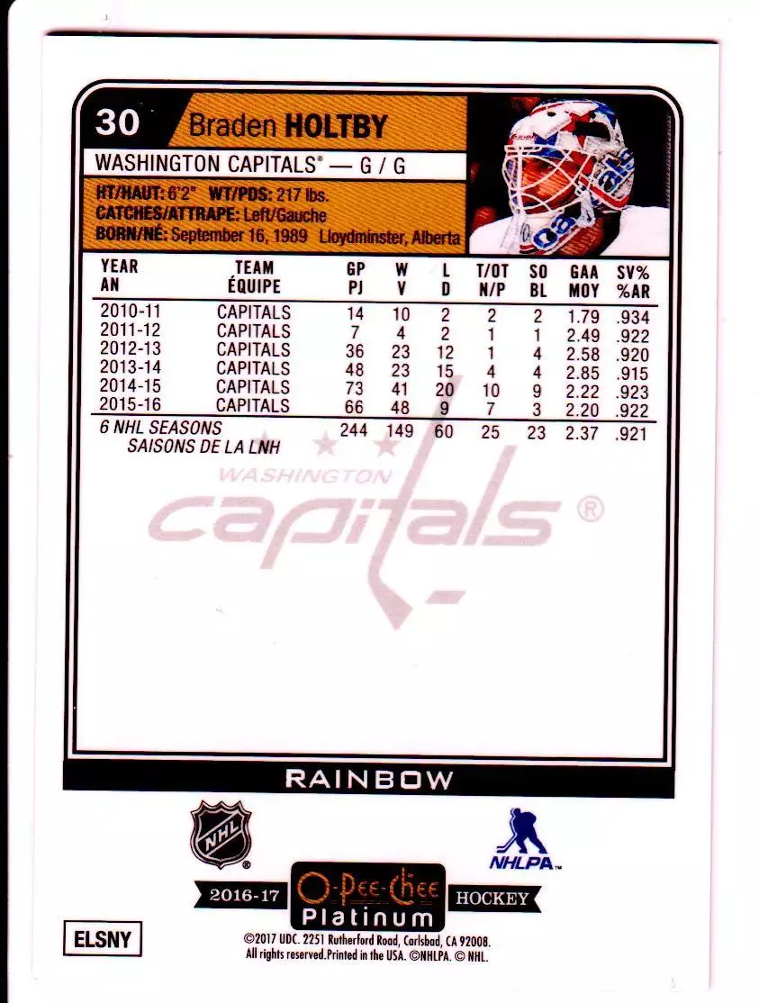 2016-17 O-Pee-Chee Platinum Rainbow #30 Braden Holtby 1
