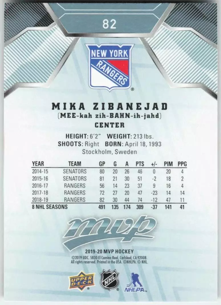 2019-20 Upper Deck MVP #82 Mika Zibanejad 1