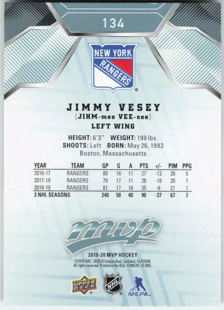 2019-20 Upper Deck MVP #134 Jimmy Vesey 1