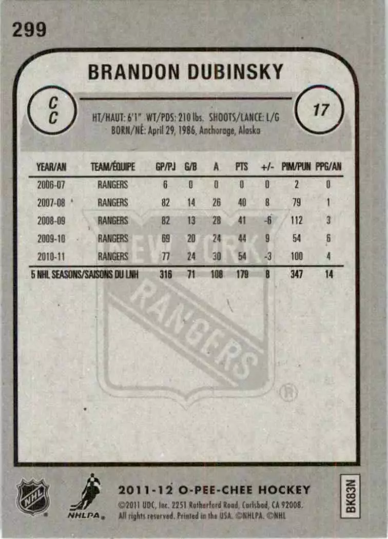 2011-12 O-Pee-Chee #299 Brandon Dubinsky 1