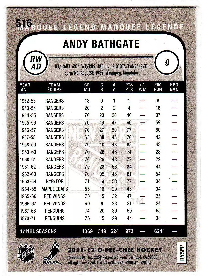 2011-12 O-Pee-Chee Rainbow #516 Andy Bathgate L 1