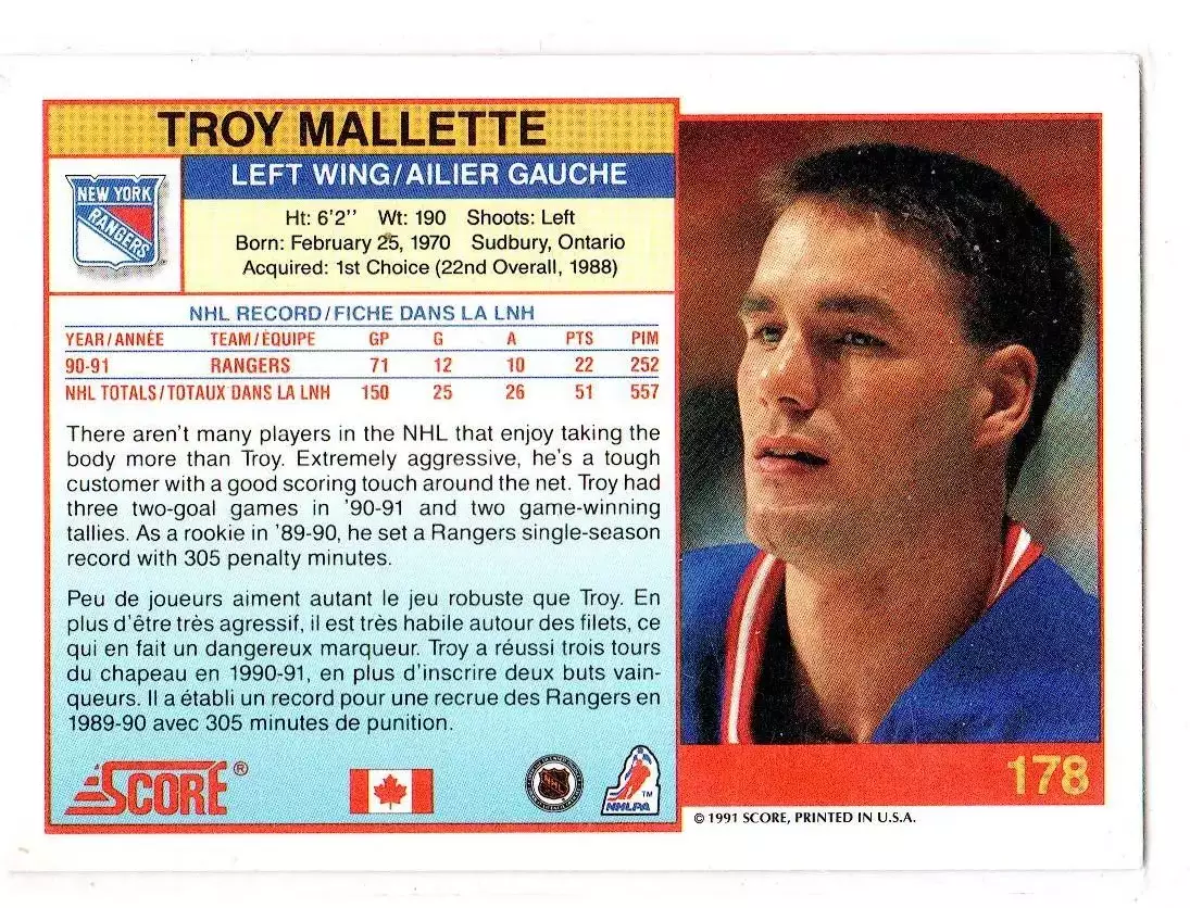 1991-92 Score Canadian Bilingual #178 Troy Mallette 1