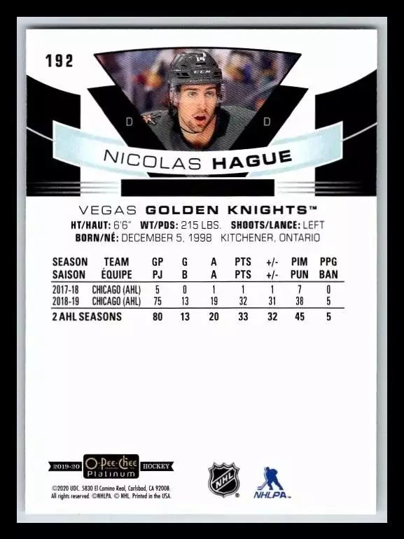 2019-20 O-Pee-Chee Platinum #192 Nicolas Hague RC 1