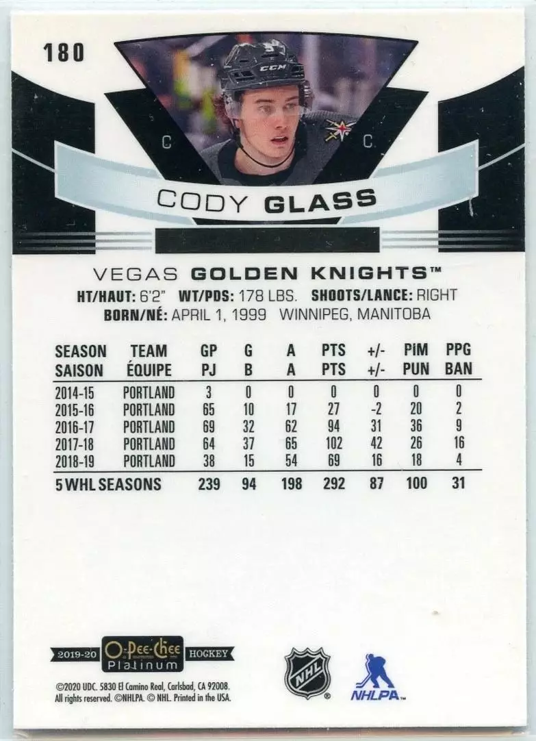 2019-20 O-Pee-Chee Platinum #180 Cody Glass RC 1