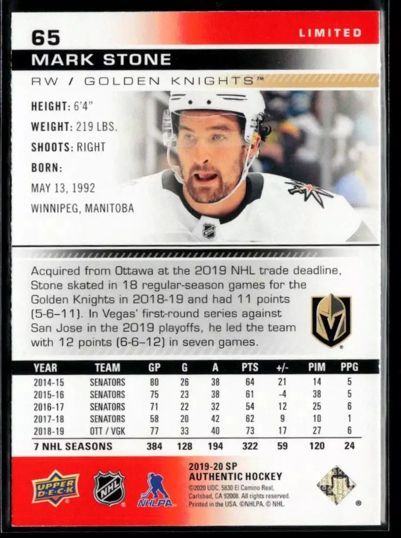 2019-20 SP Authentic Limited Red #65 Mark Stone 1
