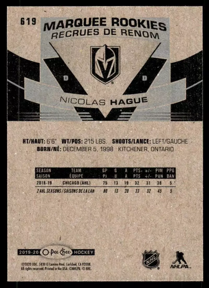 2019-20 O-Pee-Chee #619 Nicolas Hague RC 1