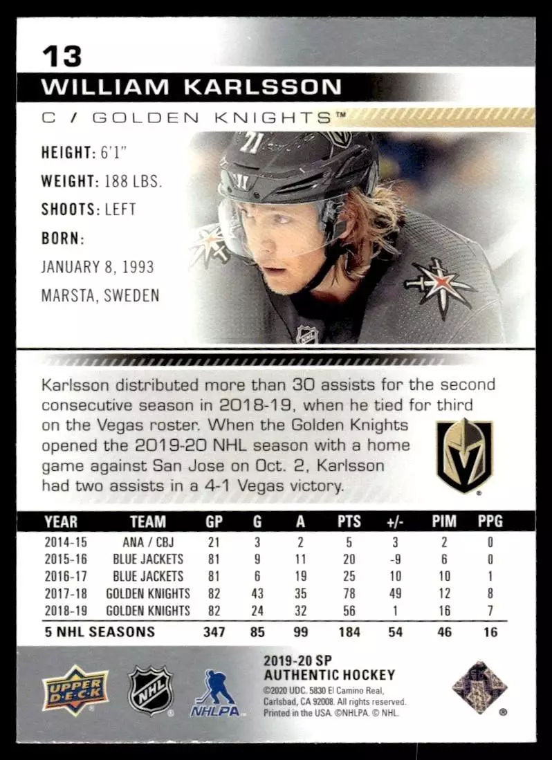 2019-20 SP Authentic #13 William Karlsson 1
