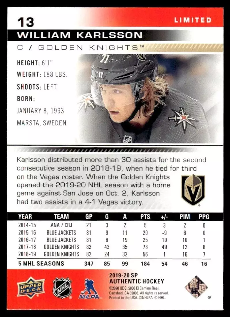 2019-20 SP Authentic Limited Red #13 William Karlsson 1