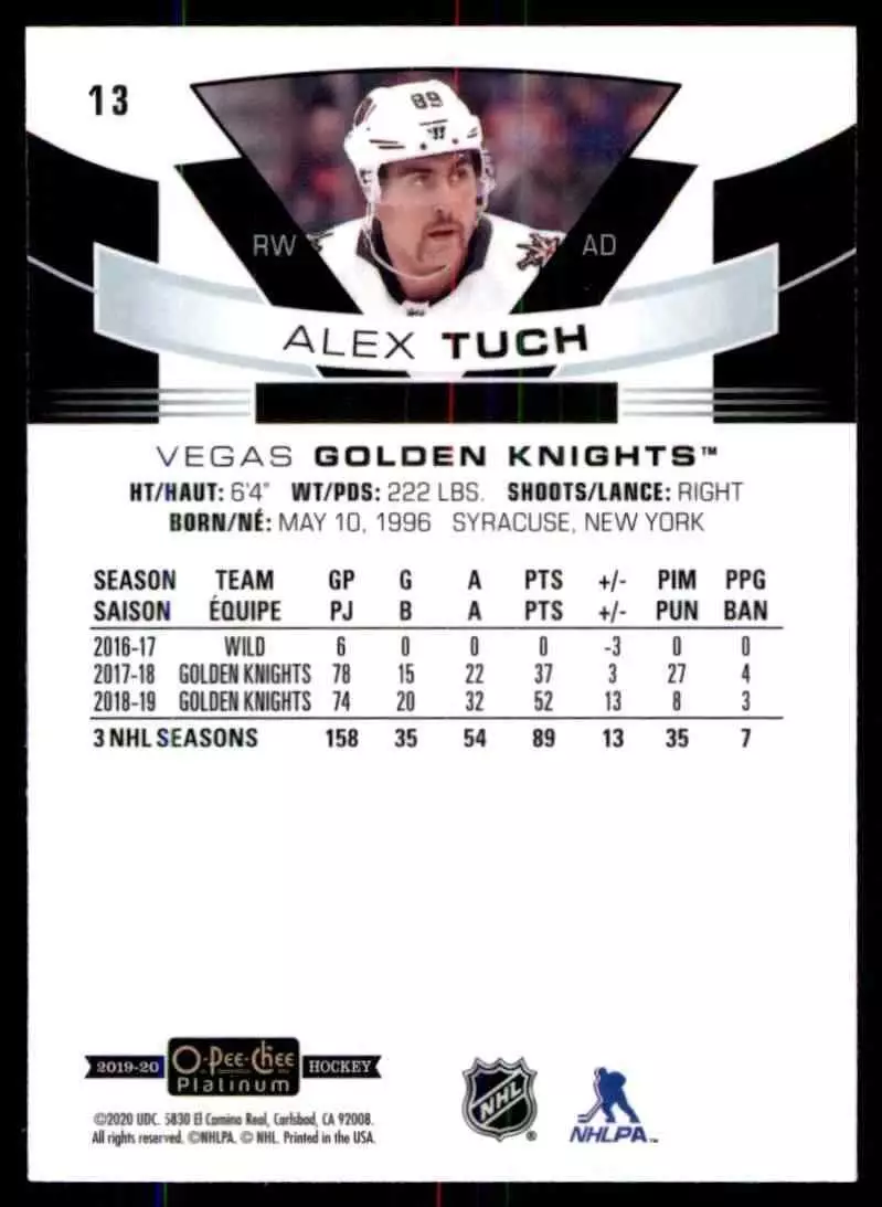2019-20 O-Pee-Chee Platinum #13 Alex Tuch 1