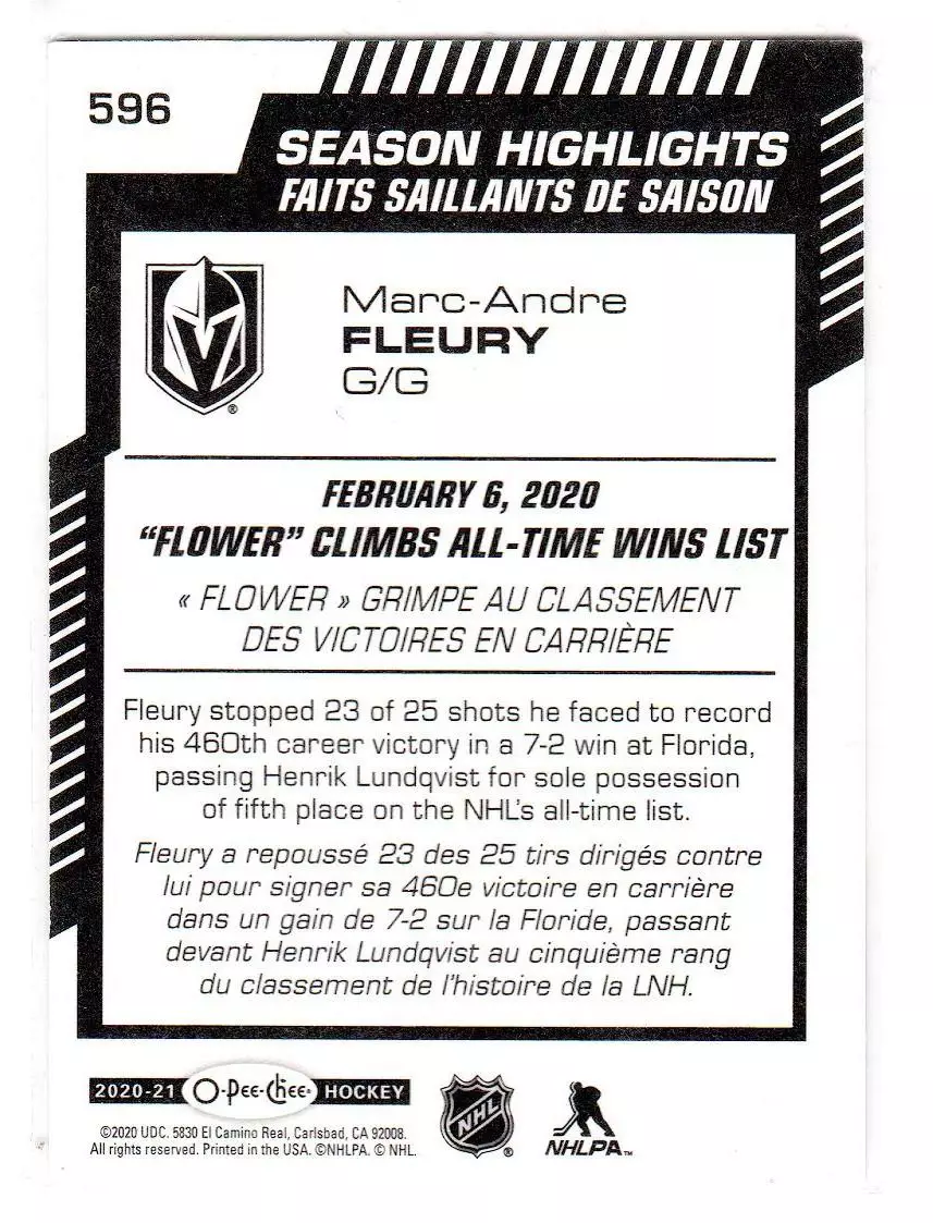 2020-21 O-Pee-Chee #596 Marc-Andre Fleury SH 1