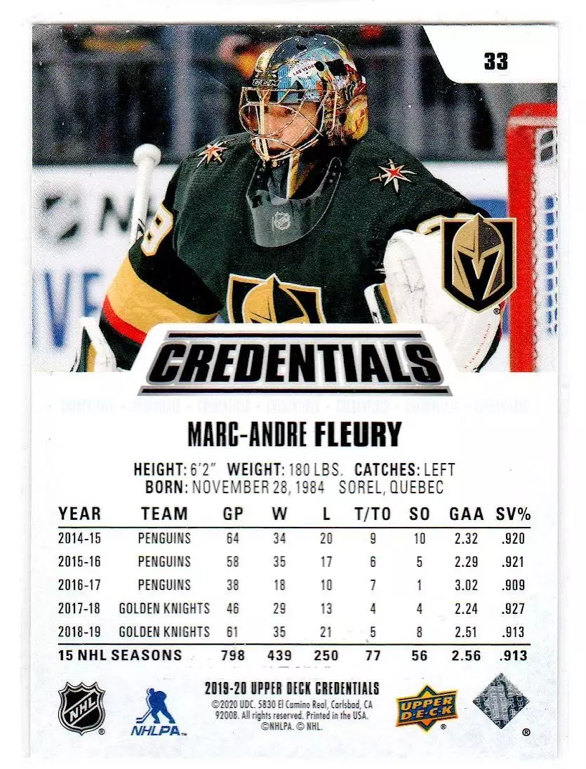 2019-20 Upper Deck Credentials #33 Marc-Andre Fleury 1