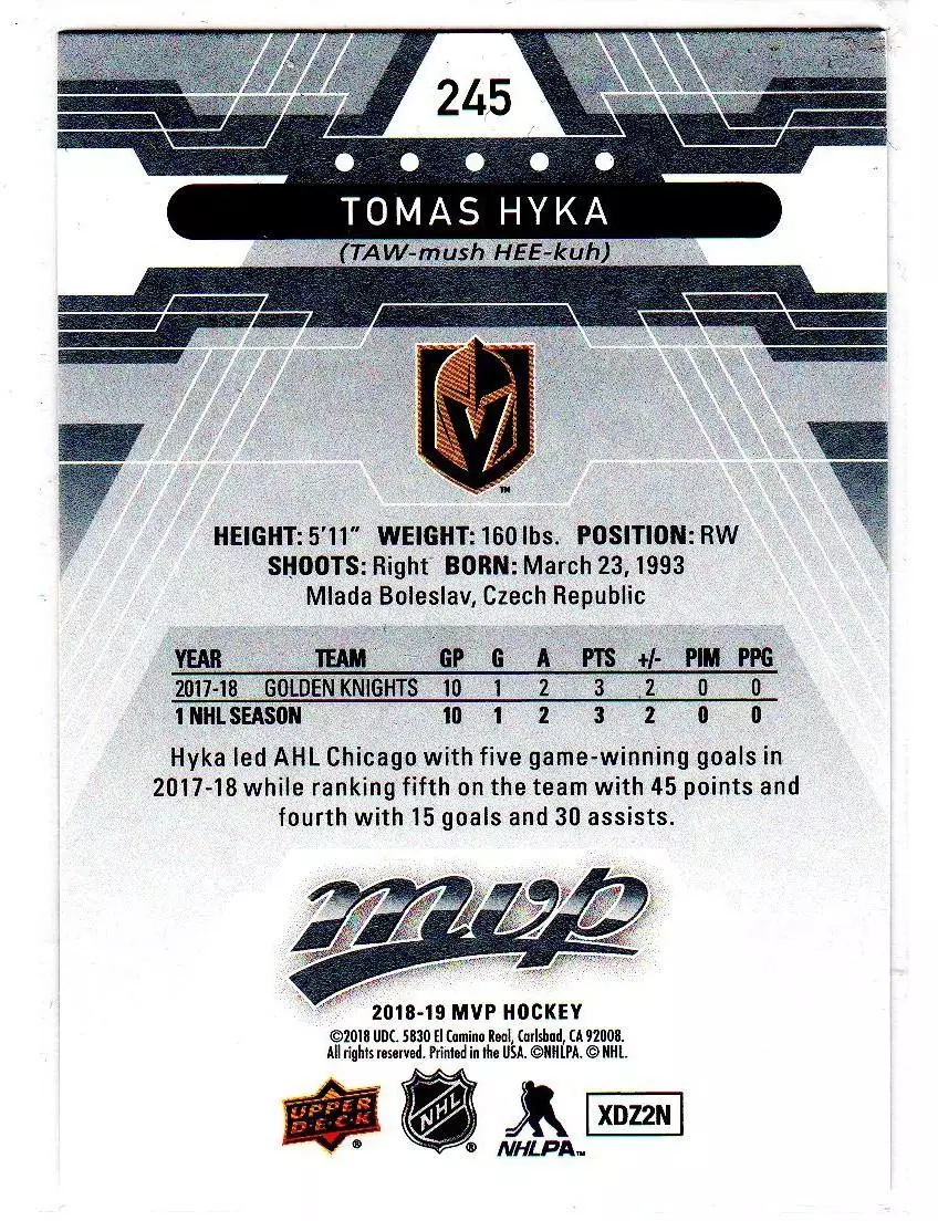 2018-19 Upper Deck MVP Silver Script #245 Tomas Hyka \Traktor Chelyabinsk 1