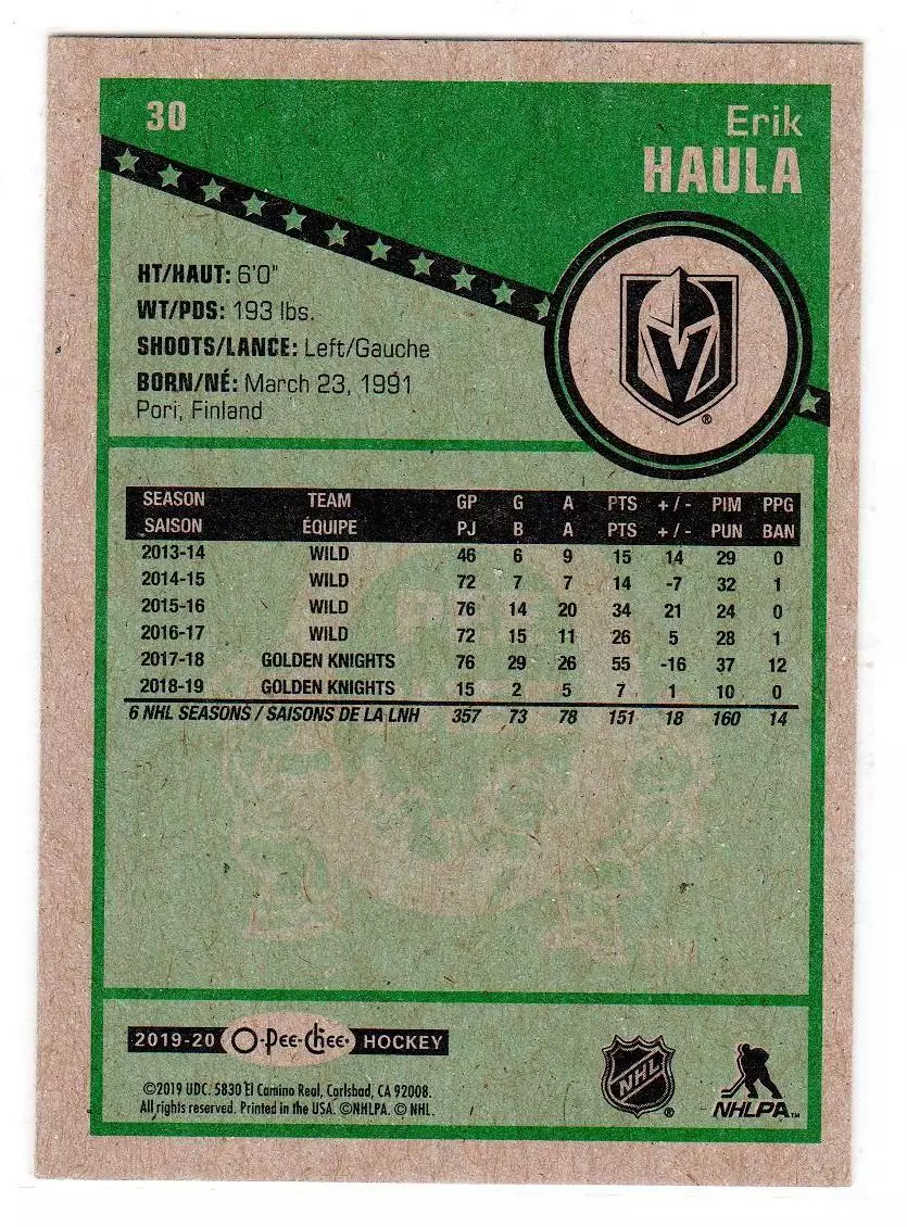 2019-20 O-Pee-Chee Retro #30 Erik Haula 1