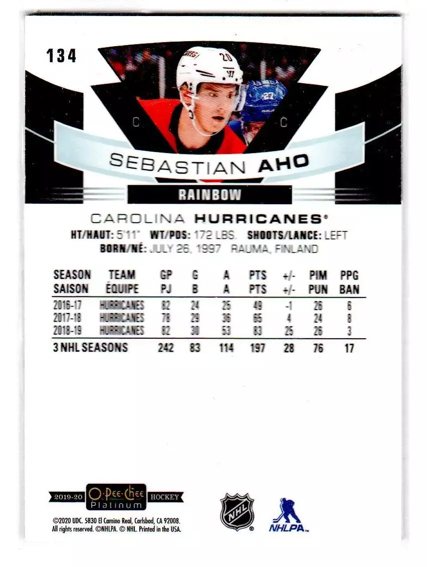 2019-20 O-Pee-Chee Platinum #134 Sebastian Aho 1