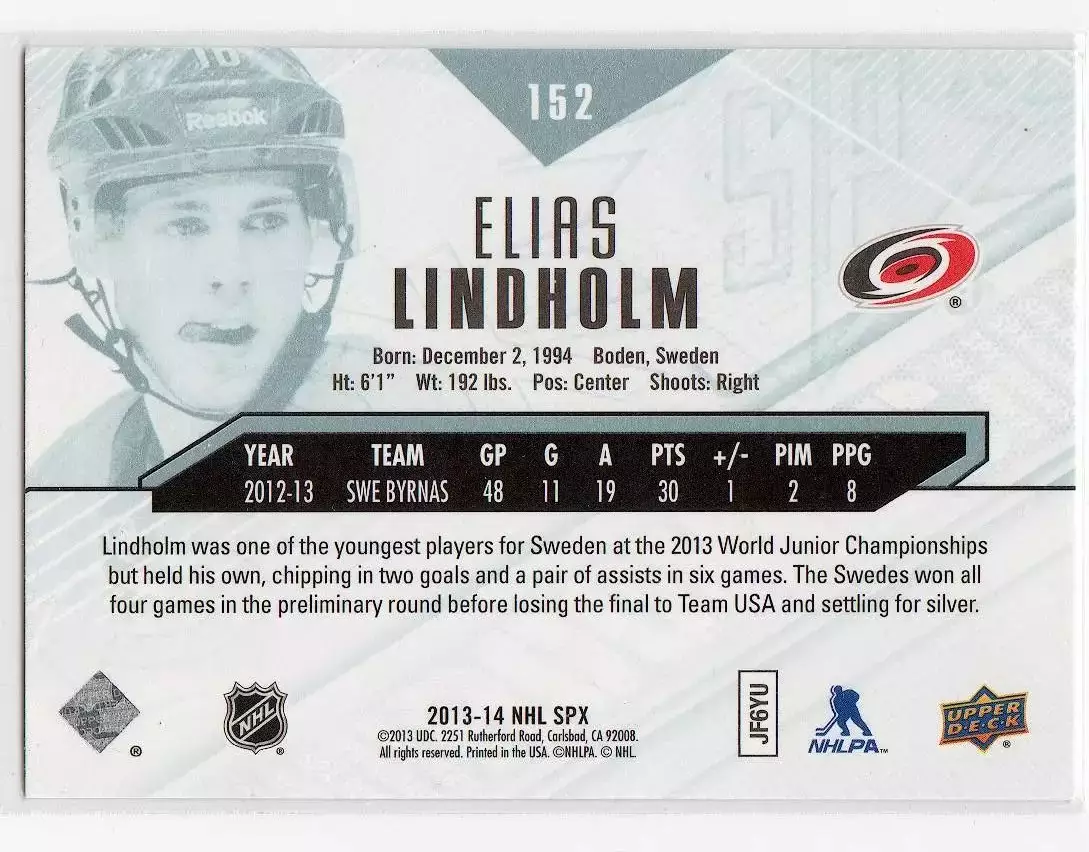 2013-14 SPx #152 Elias Lindholm RC 1