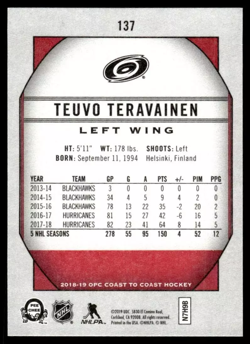 2018-19 O-Pee-Chee Coast to Coast #137 Teuvo Teravainen 1